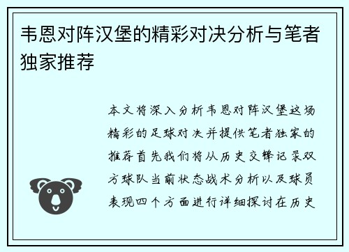 韦恩对阵汉堡的精彩对决分析与笔者独家推荐