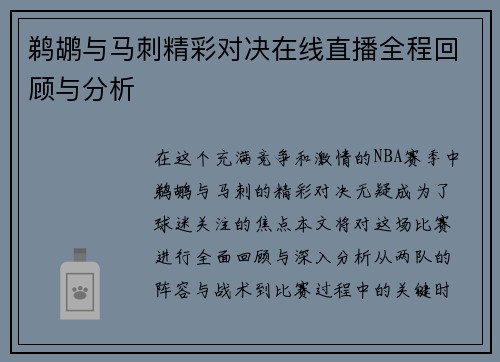 鹈鹕与马刺精彩对决在线直播全程回顾与分析