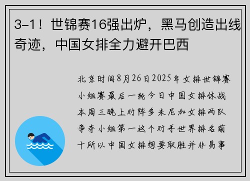 3-1！世锦赛16强出炉，黑马创造出线奇迹，中国女排全力避开巴西